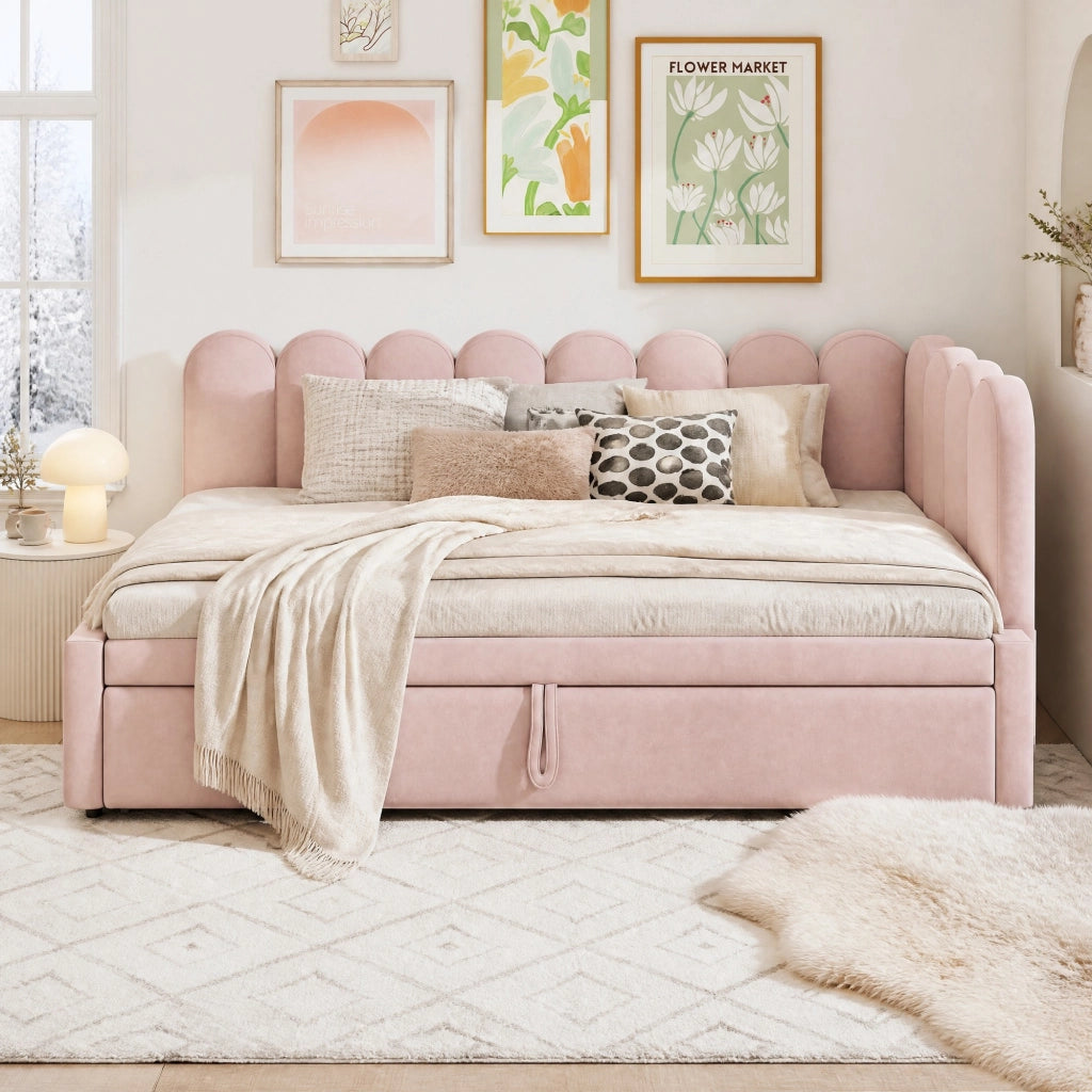 Divano letto estraibile a L 90x200/180x200 cm in velluto rosa con letto supplementare