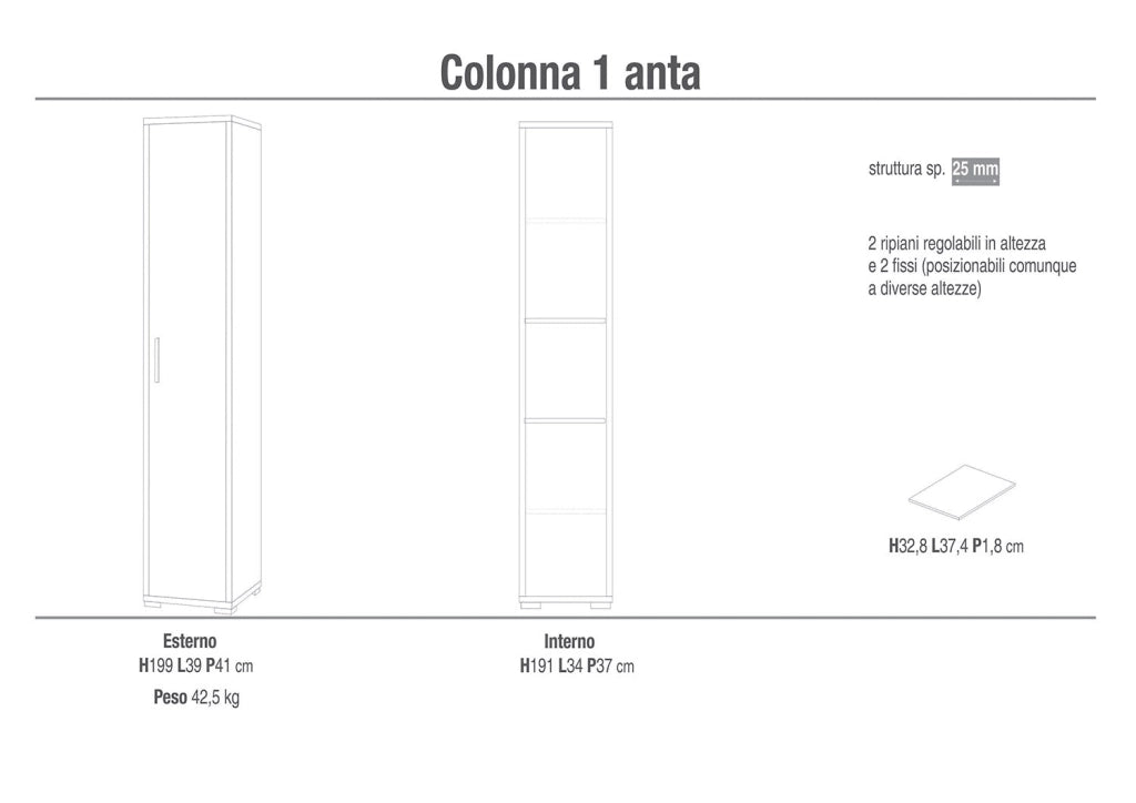 Armadio 1 Anta 39x199x41 cm Ossido Bianco/Noce Stelvio