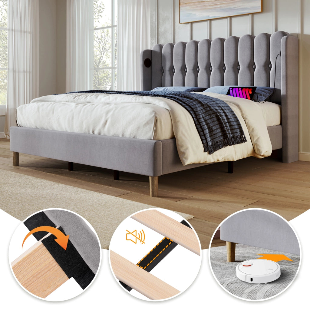 LETTO imbottito 140x200 cm in lino grigio con ricarica USB e Type-C