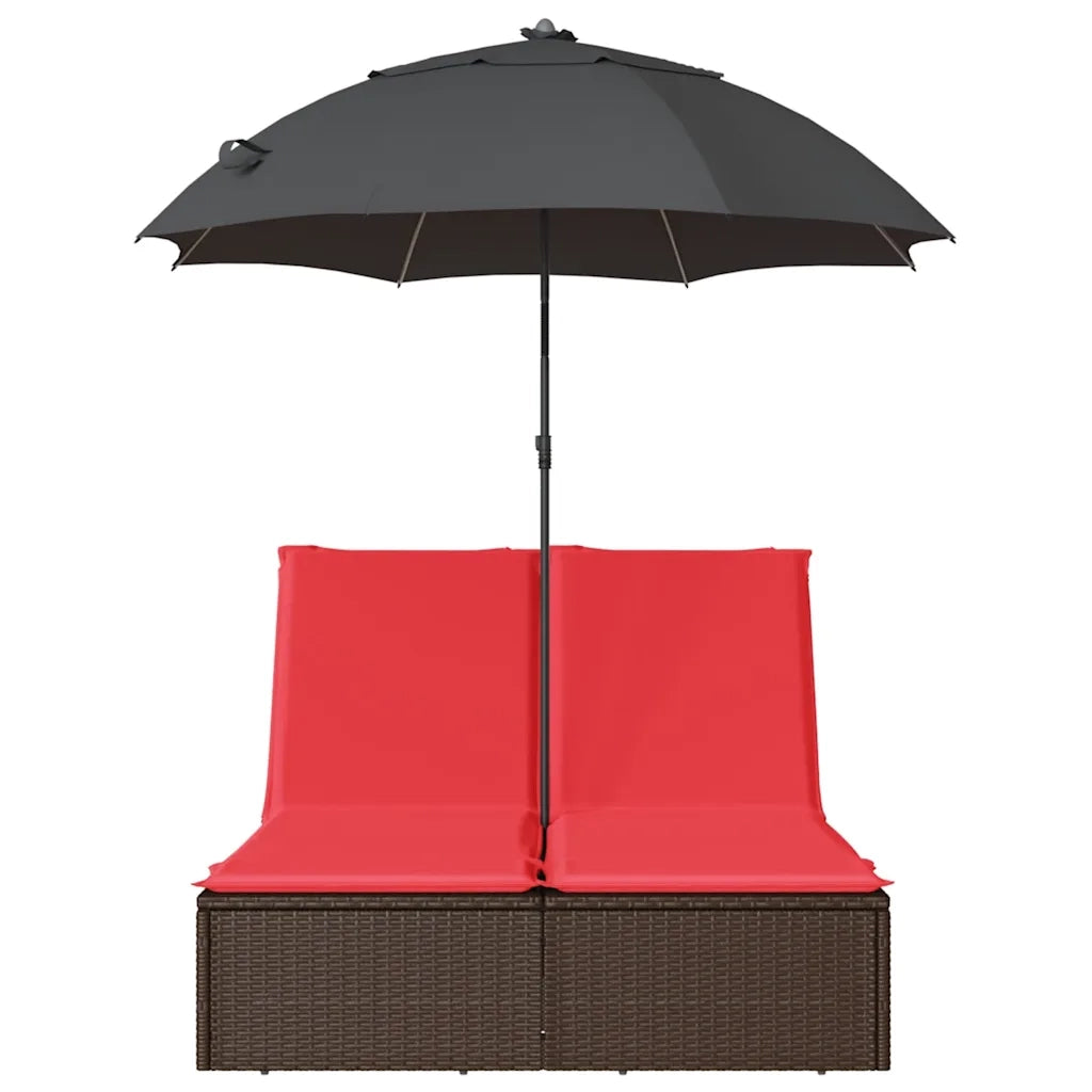 Lettino Prendisole Doppio Cuscini e Parasole Marrone Polyrattan 368087