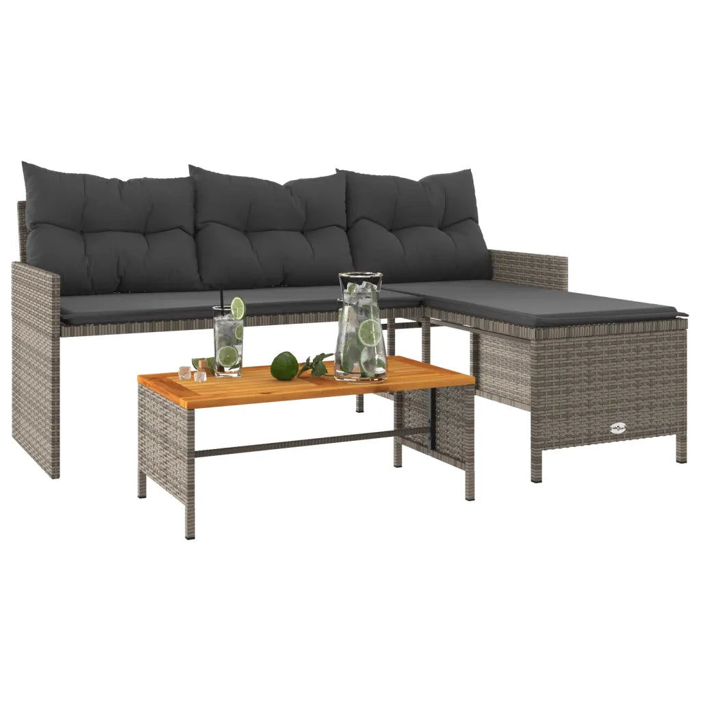 Divano da Giardino con Tavolo e Cuscini a L Grigio Polyrattan 365582