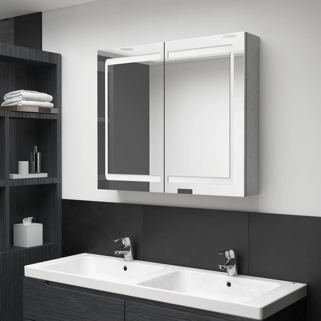 Armadietto Bagno con Specchio e LED Grigio Cemento 80x12x68 cm 326511