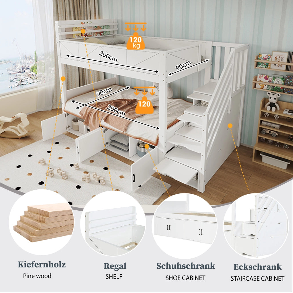 LETTO a castello 90x200 cm con scala contenitore bianco in legno e MDF