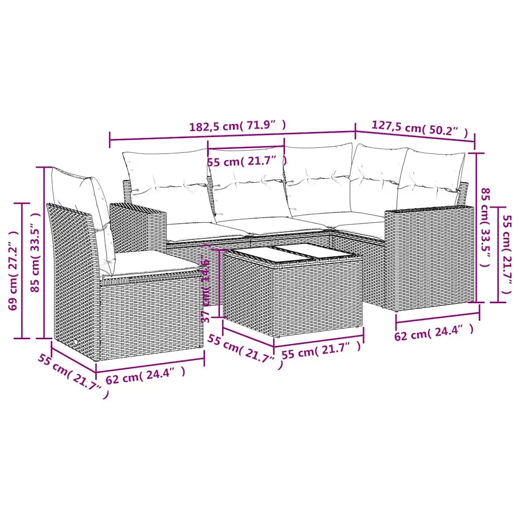 Set Divani da Giardino 6 pz con Cuscini Marrone in Polyrattan 3251320