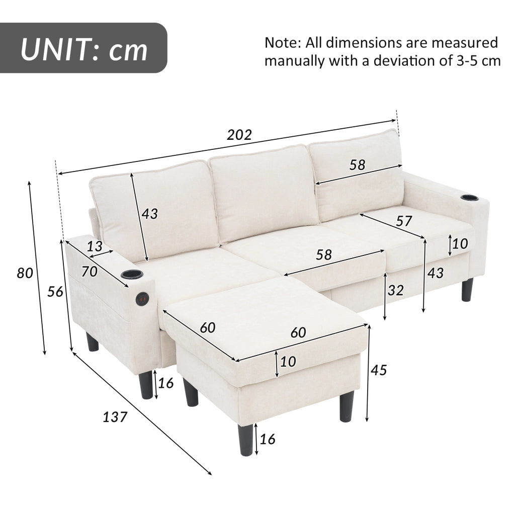 Divano letto imbottito 3 posti - Zephmum- USB e Type-C, porta bevande, forma L, beige