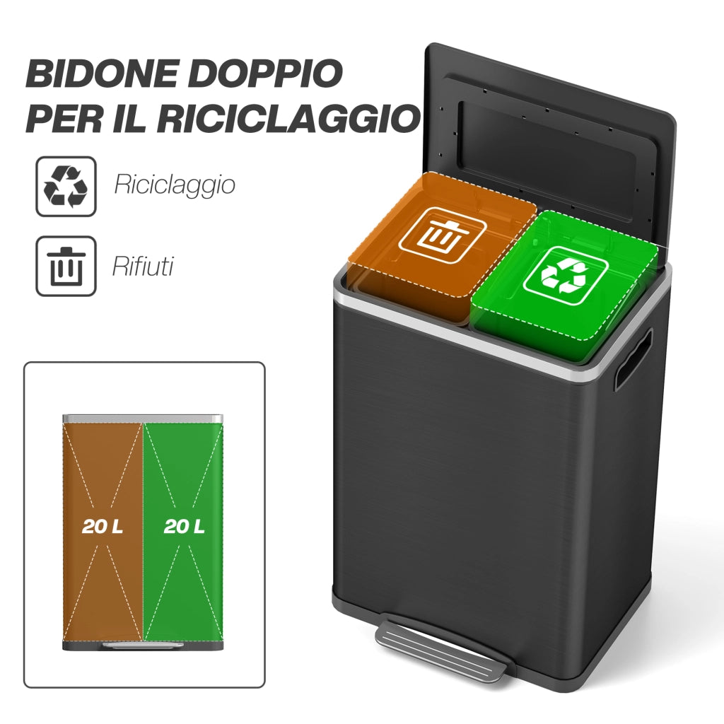 Bidone Immondizia a 2 Sezioni da 20L con Coperchio Silenzioso. in Acciaio Inox e PP. 40x34.8x59 cm. Nero