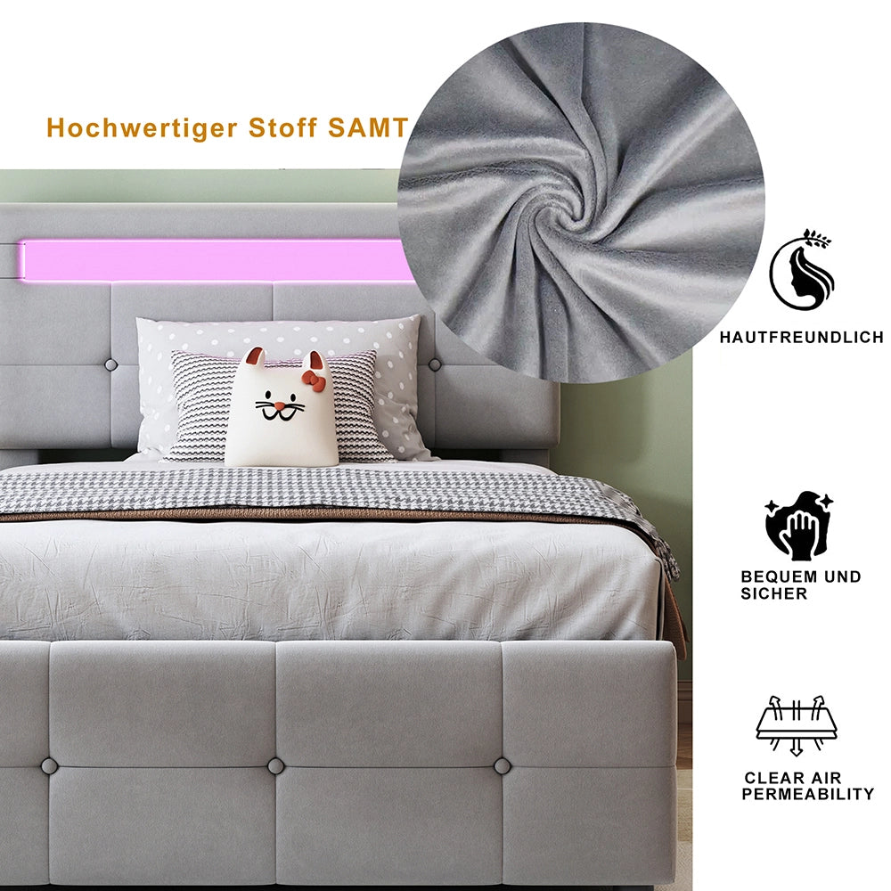 Letto a cassone imbottito per bambini - Xylo - 90x200 cm - Grigio - Illuminazione LED, testiera regolabile
