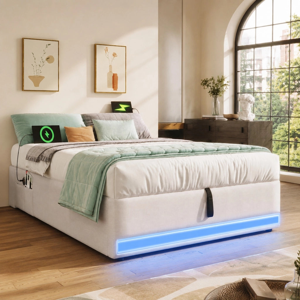 Letto imbottito 90x200 cm con LED, porte USB e Type-C, contenitore idraulico, beige