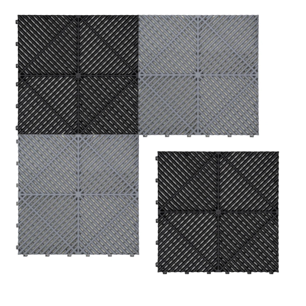 Piastrelle ventilate nere e grigie 3,2m x 6m per garage e officine, antiscivolo.