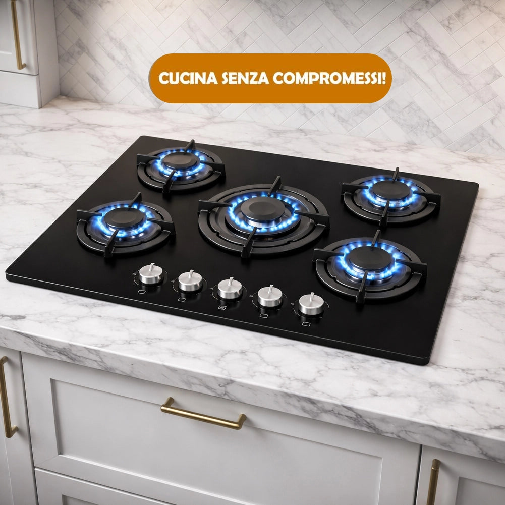 Piano Cottura 5 Fuochi Ghisa Bruciatore a Incasso in Vetroceramica Nero