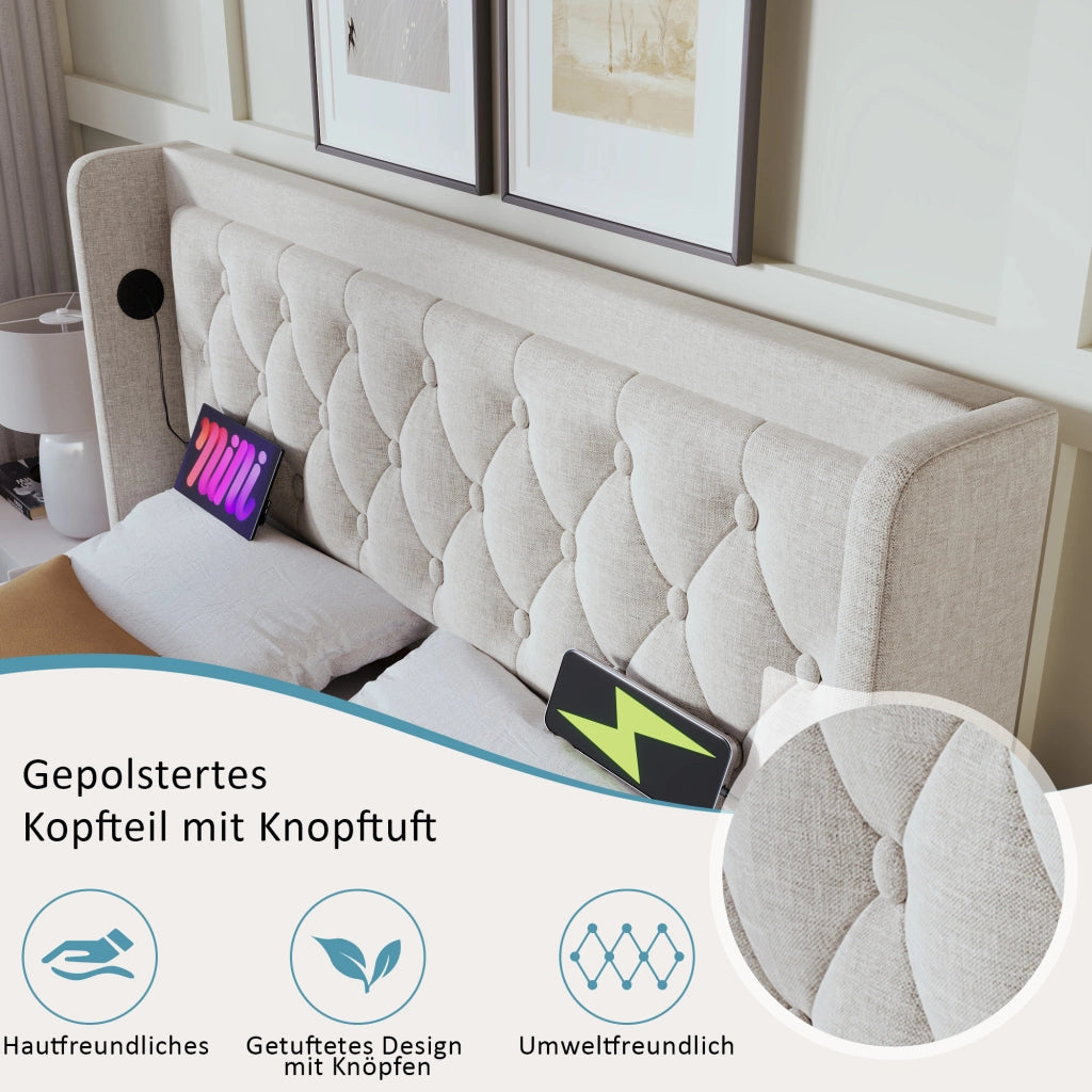 LETTO Contenitore 140x200 cm Cotone Beige con USB Type-C e LED