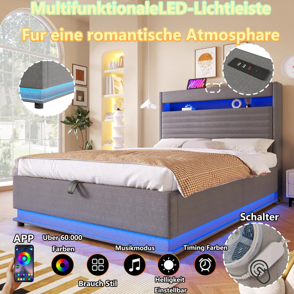 LETTO contenitore 90x200 cm in lino grigio con LED e USB Type-C