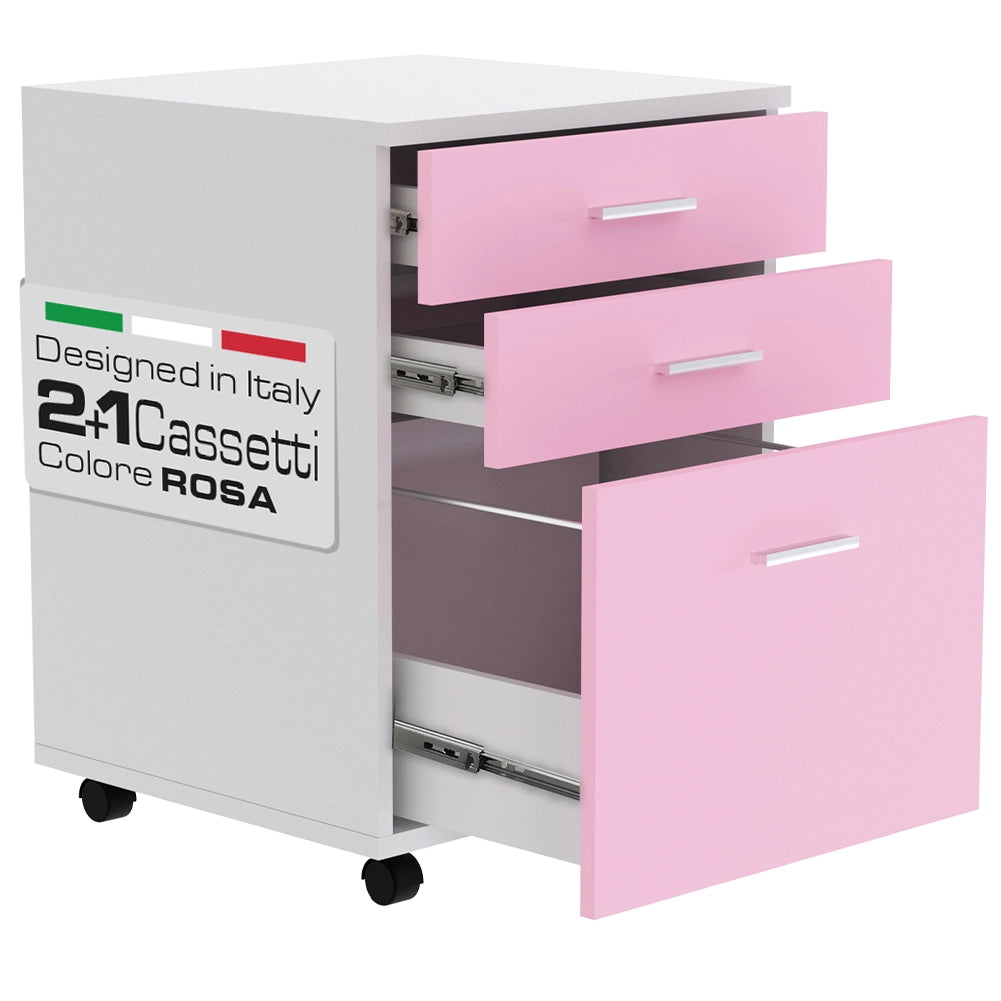 Cassettiera Scrivania Ufficio Legno MDF Mobiletto Stampante 3 Cassetti Rosa