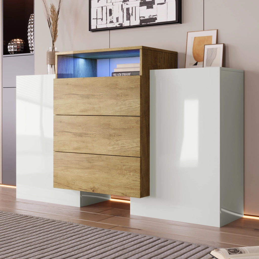 Sideboard moderno - Zephmum - 140cm - Bianco lucido e colore legno - Effetti luce LED multicolore