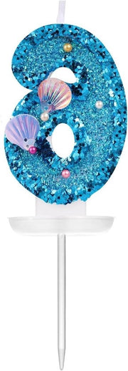 Set di candele per torta blu da 7,5 cm con decorazioni a conchiglia e glitter, set da 6 pezzi
