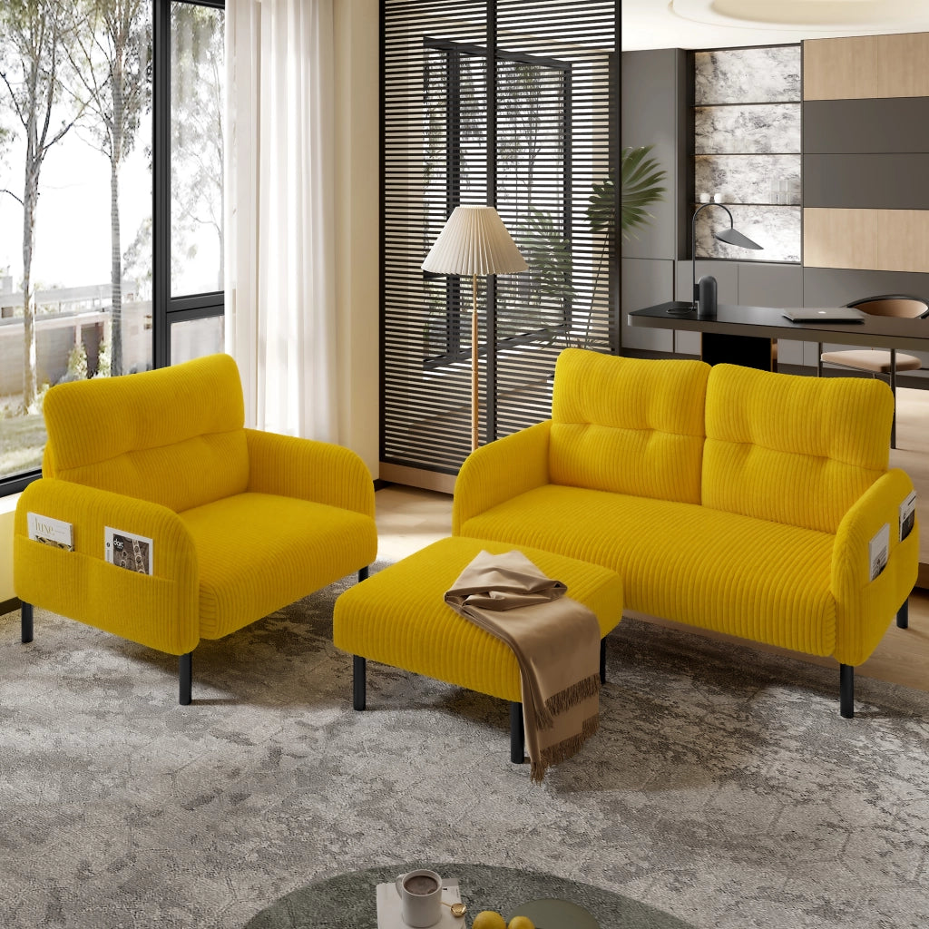 OKWISH Set da 3 Pezzi con Divano 2 Posti, Poltrona e Poggiapiedi, con Tasca Laterale, Velluto a Coste Giallo