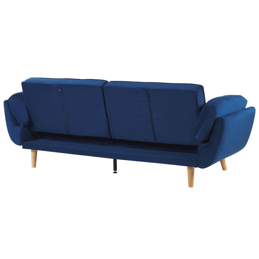 Divano Letto Tessuto Velluto Blu Navy Gambe In Legno A 3 Posti Imbottitura In Schiuma Imbottitura Biscuit Schienale Diviso