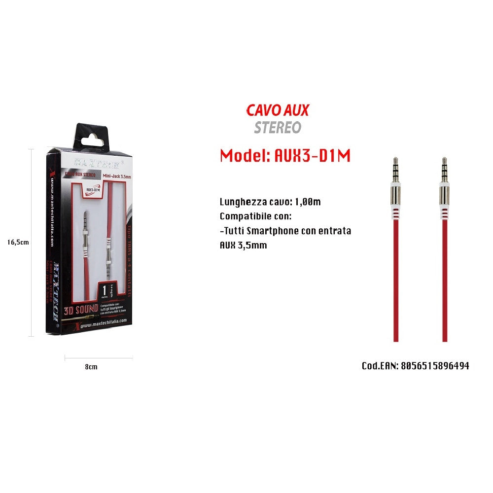 Trade Shop - Cavo Aux Stereo 1mt Mini Jack 3,5mm Per Smartphone Tipo Trrs A 4 Contatti Maxtech Aux3-d1m -