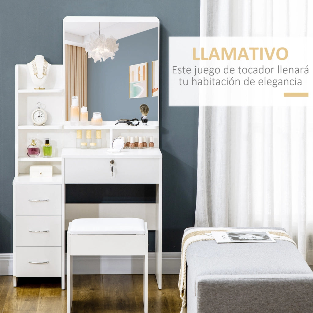 Cassettiera trucco con specchio e sgabello ¨C Minimal ¨C 80x38x143 cm bianco