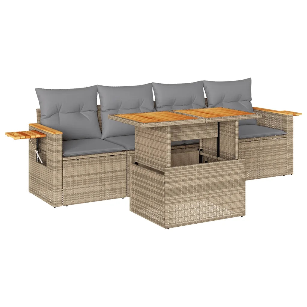 Set Divano da Giardino 5 pz con Cuscini Beige Polyrattan Acacia 3327545