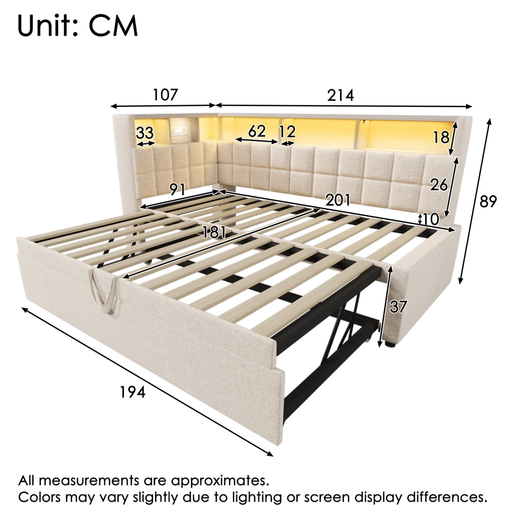 Letto imbottito con letto estraibile 90x200 cm; LED; Bluetooth; USB e Type-C; beige