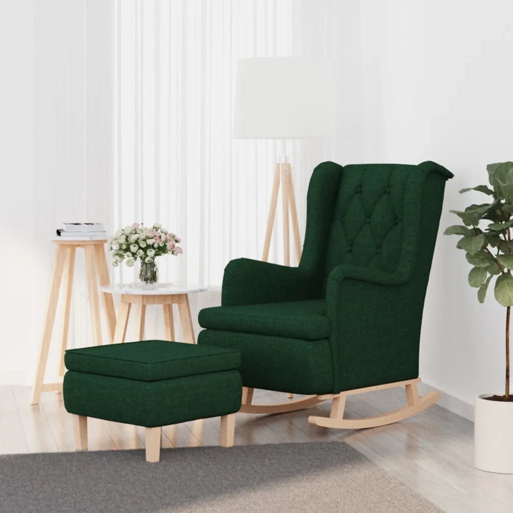 Poltrona con Gambe a Dondolo e Sgabello Verde Scuro in Tessuto