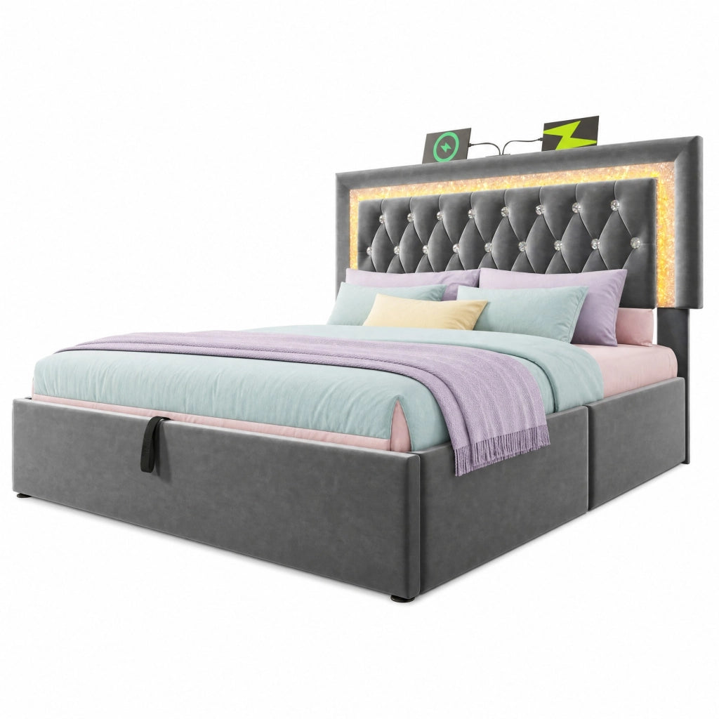 Letto matrimoniale imbottito 140 × 200 cm con contenitore LED USB e Type-C in velluto grigio con rete a doghe