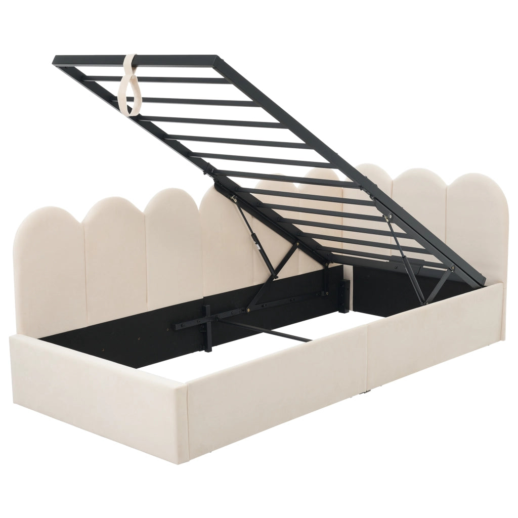 OKWISH Letto a Divanetto Singolo con Contenitore, Vano Contenitore Idraulico e Testiera, 190×90 cm, senza Materasso, Velluto, Beige