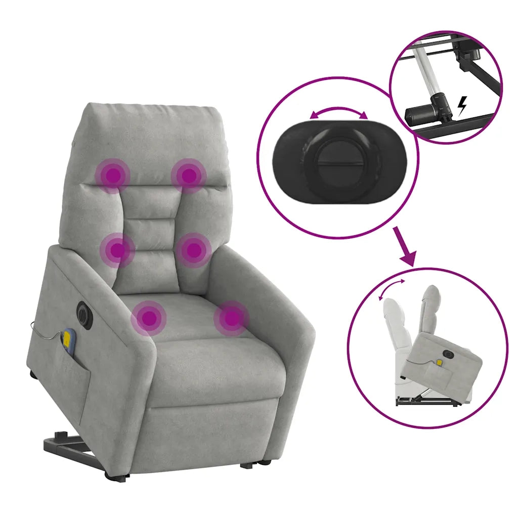 Poltrona a Rialzo Reclinabile Massaggi Grigio Chiaro Microfibra 3303109