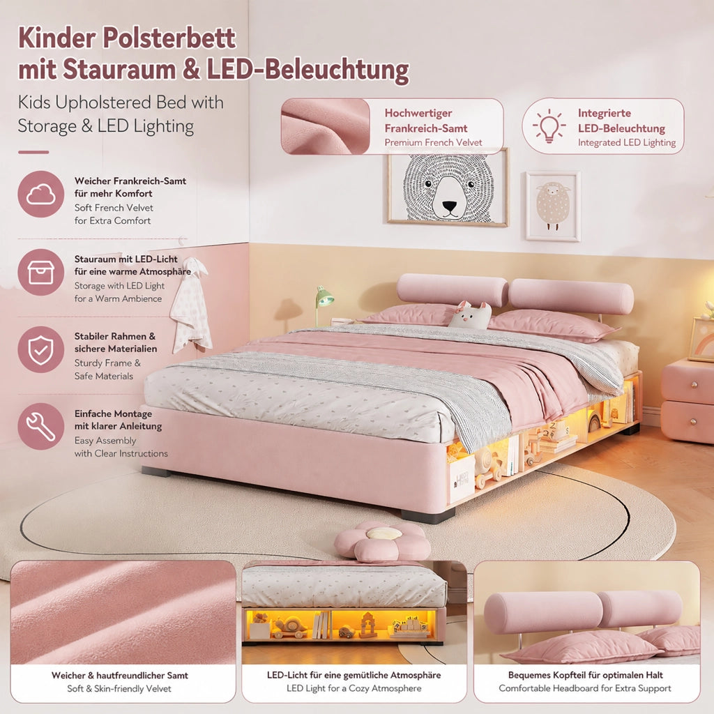 LETTO imbottito con LED e scaffale laterale aperto 140x200 cm velluto rosa
