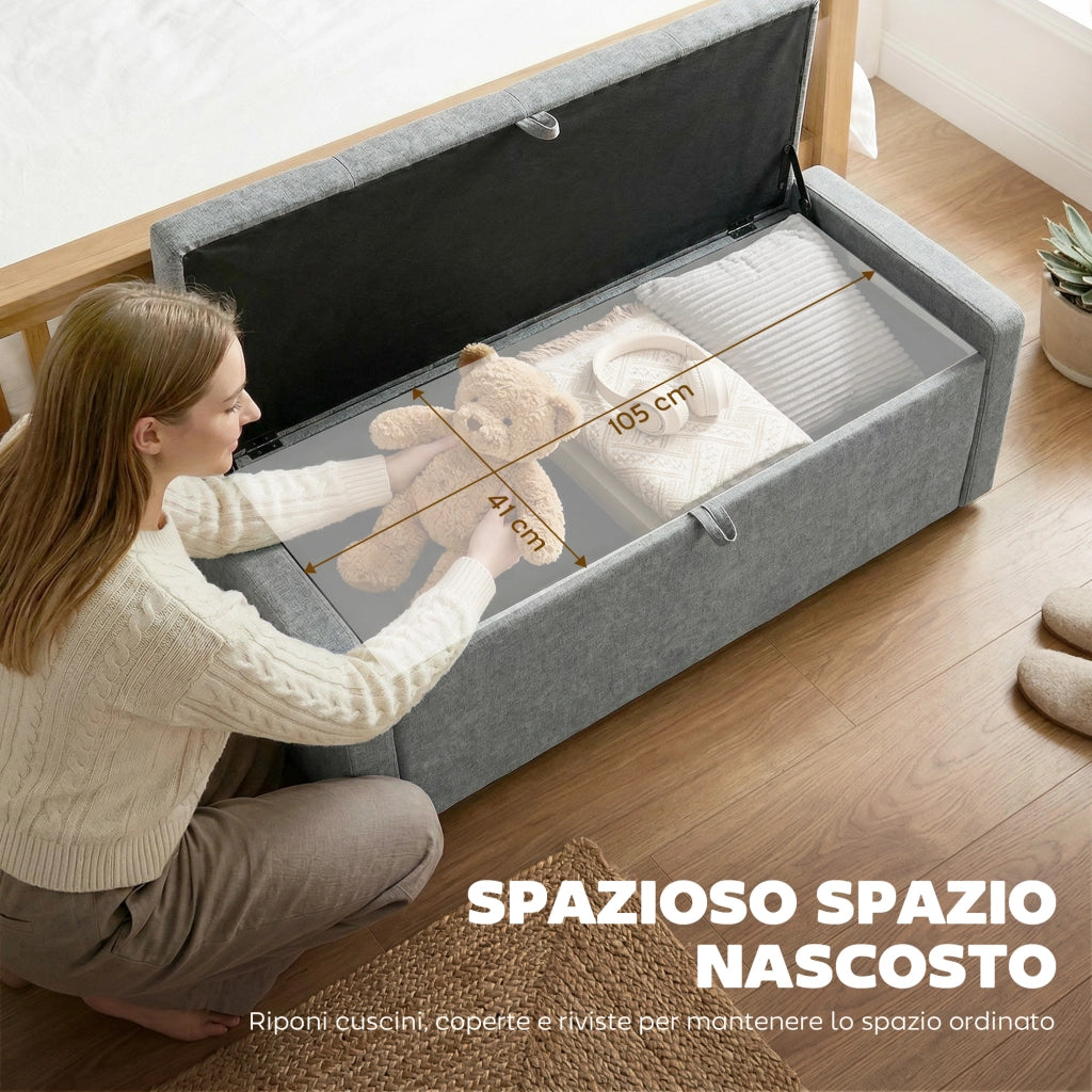 Cassapanca 142L Pouf Contenitore, Seduta Ampia Imbottita, in Lino, Capacit¨¤ 200 kg, Grigio Chiaro