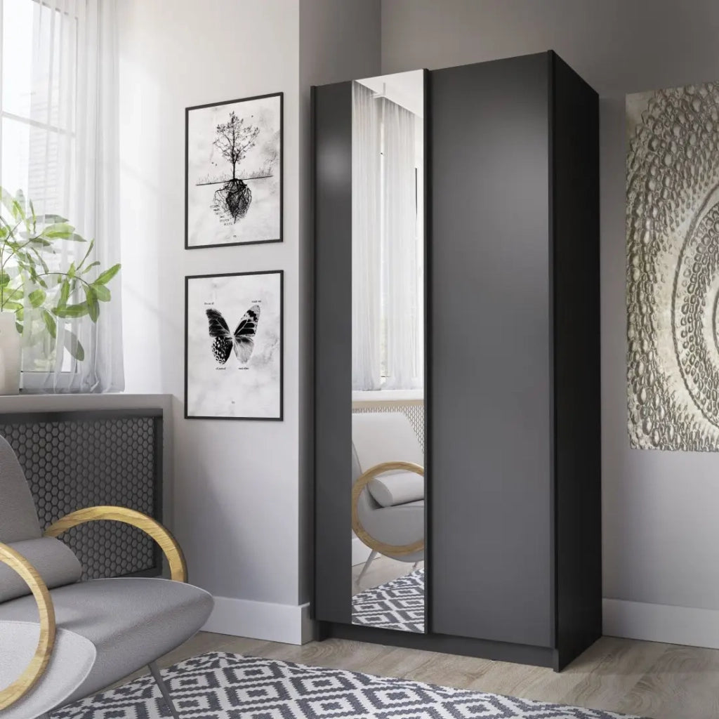 Armadio LYSIA 80 cm nero opaco - 2 porte scorrevoli con specchio
