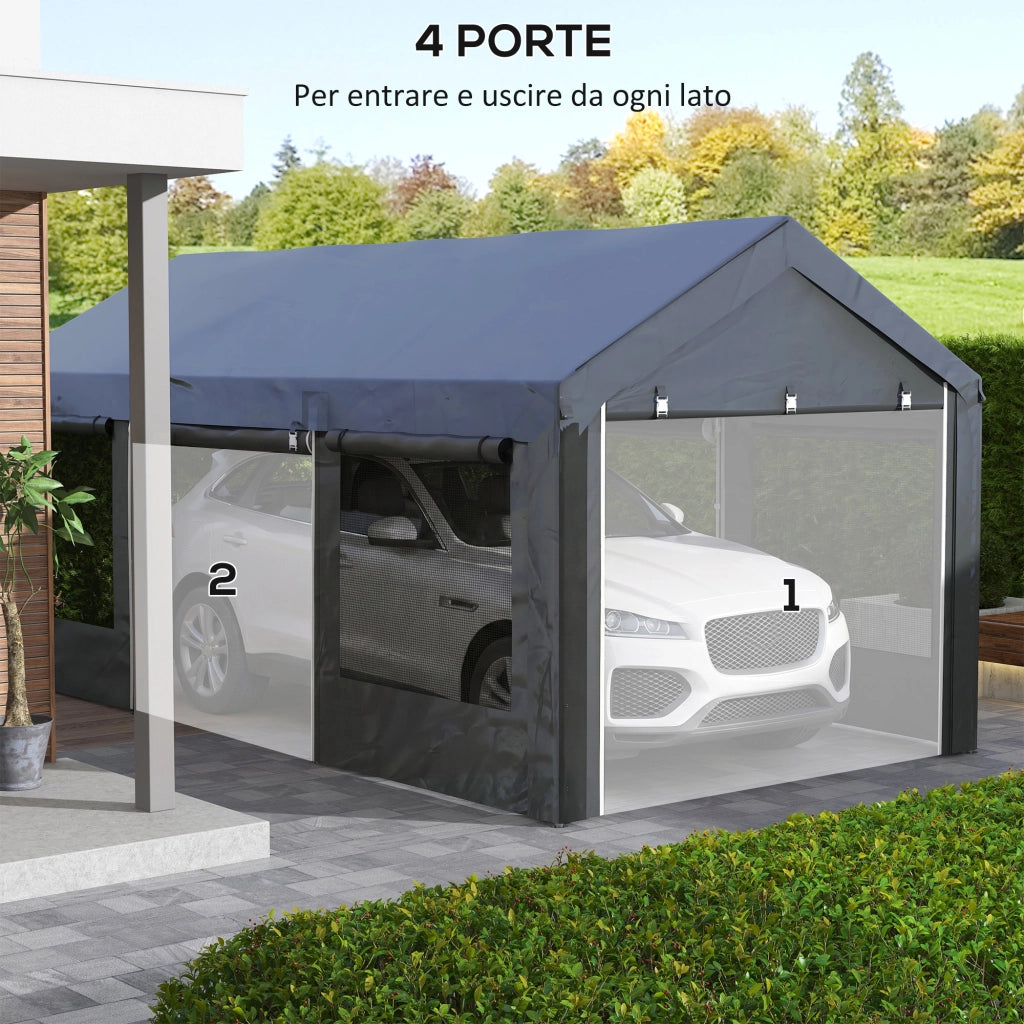 Gazebo per Auto e Feste con Altezza Regolabile, 4 Porte e 4 Finestre, 6x3m Grigio Scuro