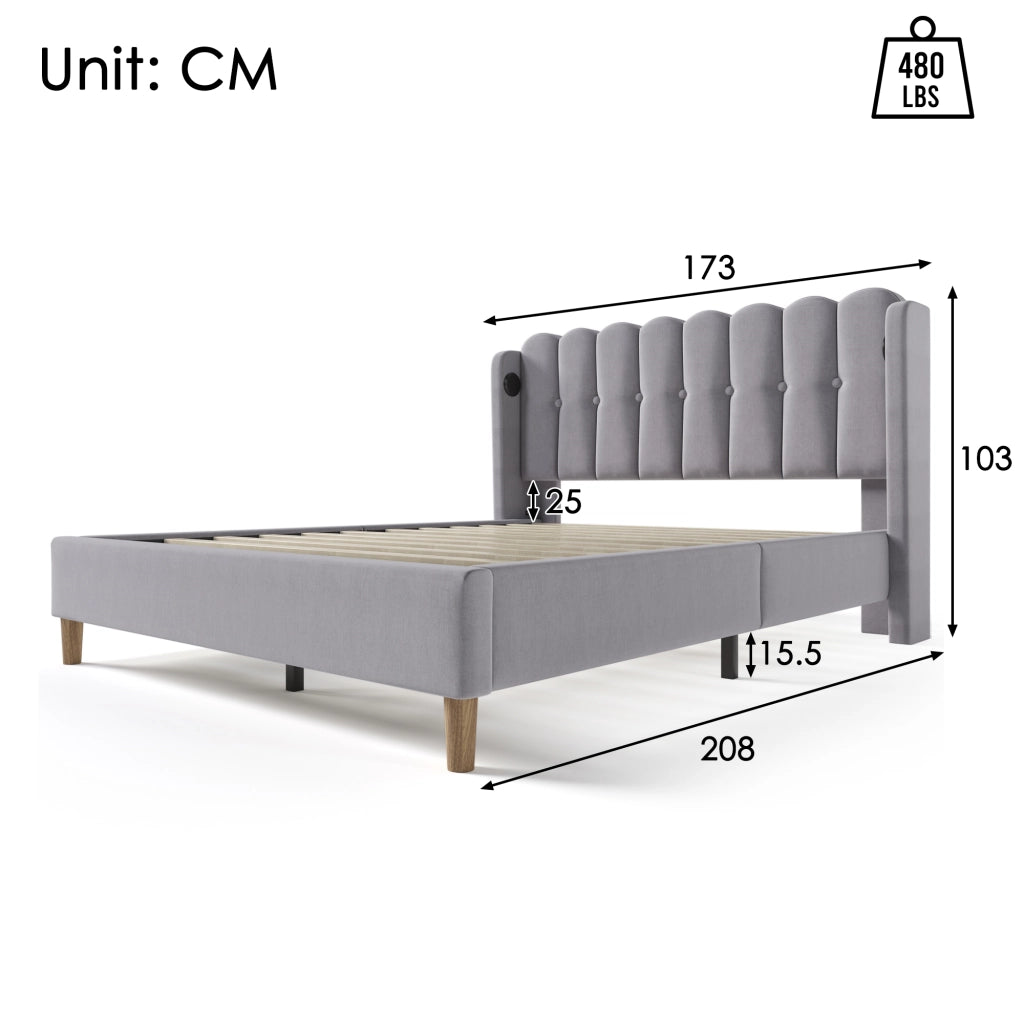 LETTO imbottito 160x200 cm in lino grigio con USB e Type-C