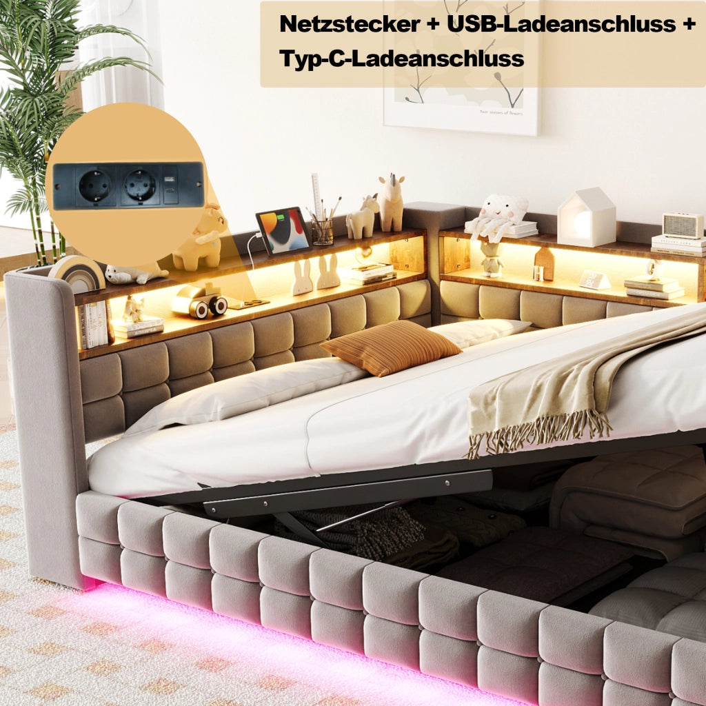 LETTO Divano imbottito 140x200 cm velluto grigio chiaro con contenitore e LED