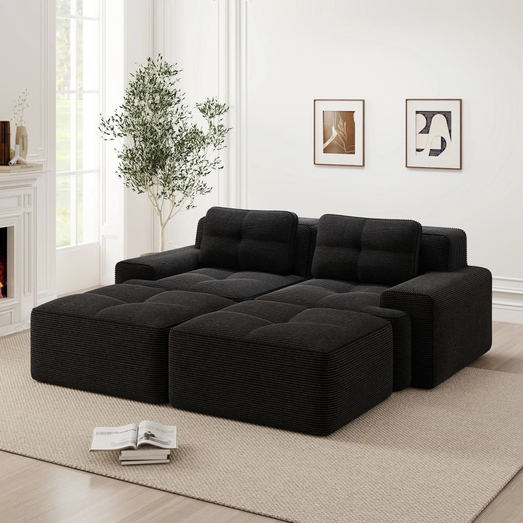 Divano Modulare Cloud 2 Posti con Ottoman ¨C MINIMAL ¨C Velluto a Coste, Nero