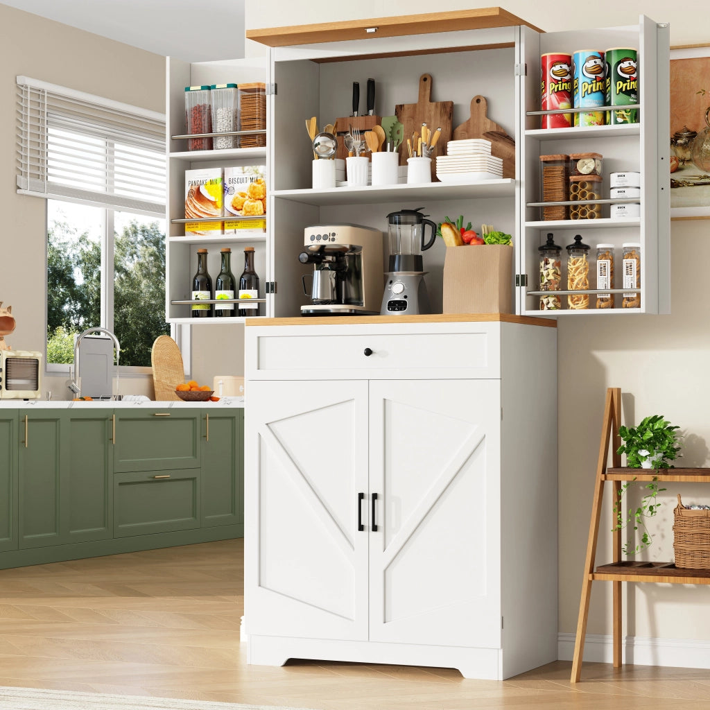 OKWISH Credenza Alta da Cucina con Ripiani Aperti e Cassetti, Sistema Antiribaltamento, MDF, Bianco, 80 x 40 x 180 cm