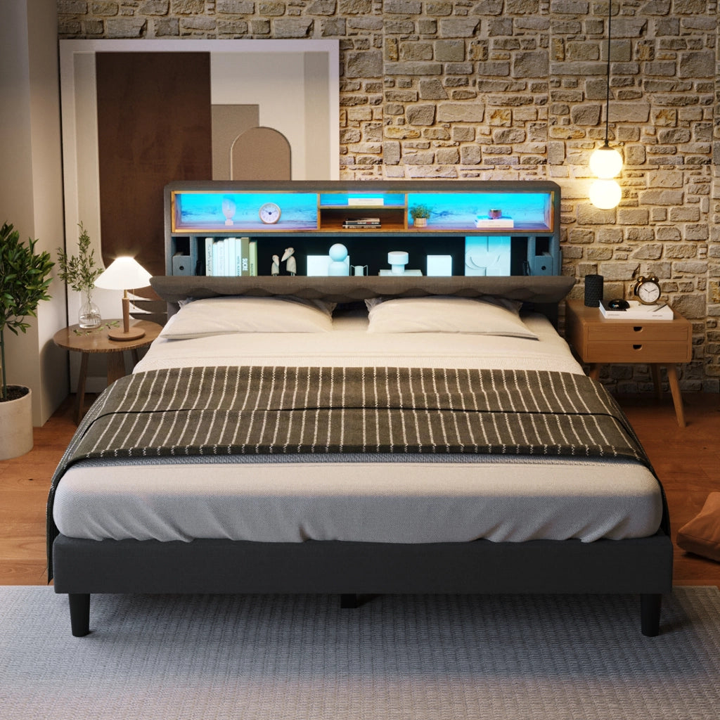 LETTO imbottito 140x200 cm Grigio con testiera contenitore e LED