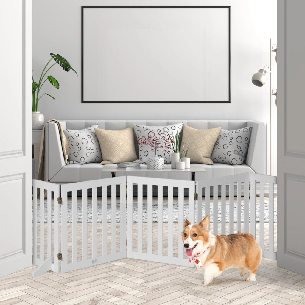 Cancello di legno pieghevole alto 60cm con 5 pannelli, Barriera per animali con cuscinetti antiscivolo Bianco