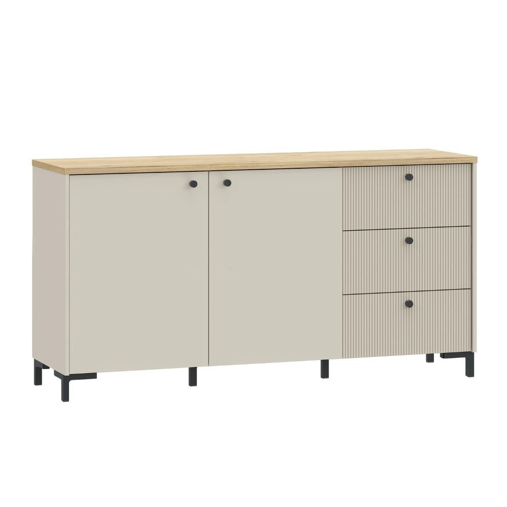 Madia Unit Cashmere con 2 Ante, 3 Cassetti Cannettati e Top Rovere