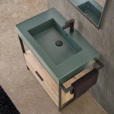 Mobile bagno a terra 75 cm nero con lavabo verde e specchio Kubic