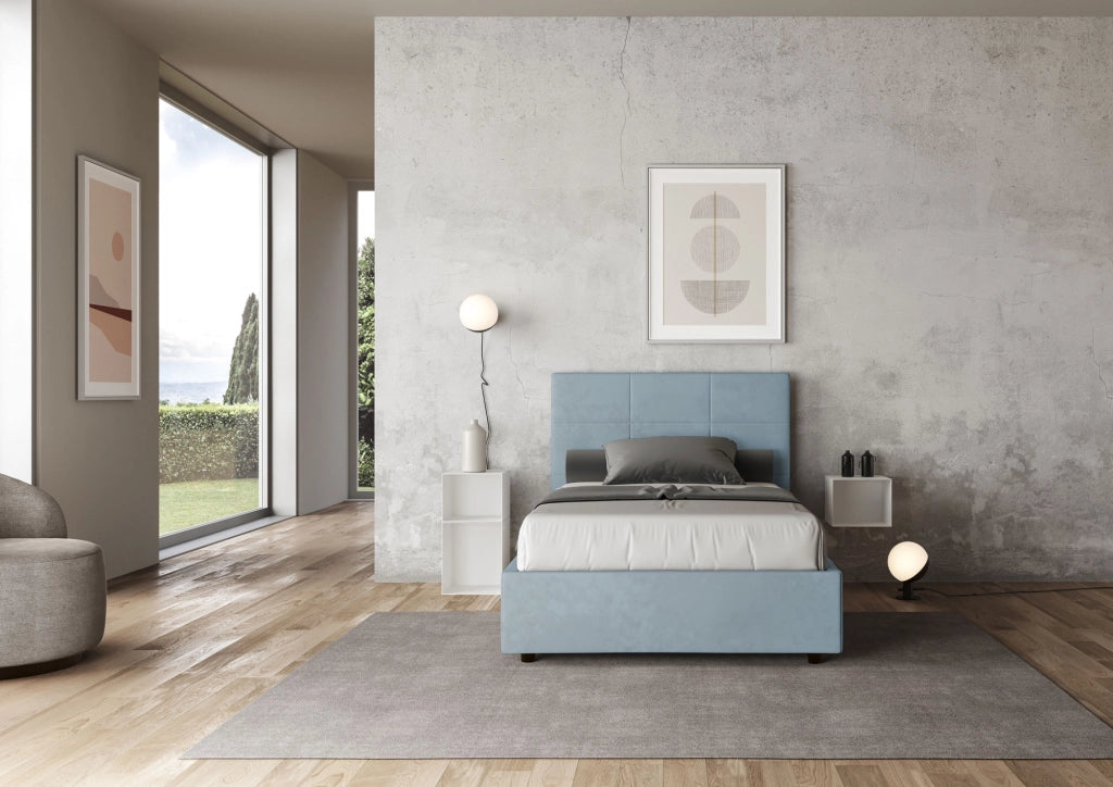 BS COM Letto una piazza e mezza con rete imbottito 120x200 microfibra azzurro