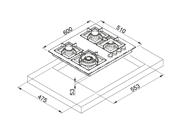 Piano cottura a gas da Incasso Plano 60 ELLECI PGSP60140WS 4 fuochi, 600x510 Granitek Nero 40