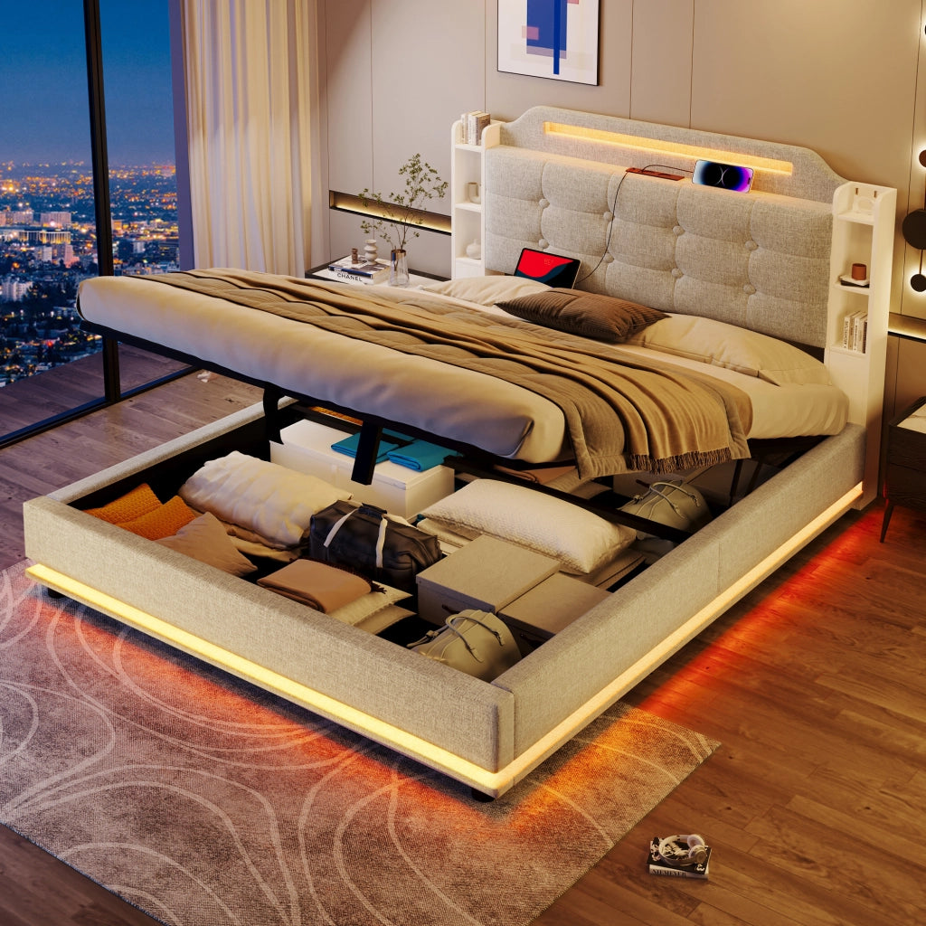 LETTO imbottito 140x200 cm in lino beige con LED e contenitore idraulico