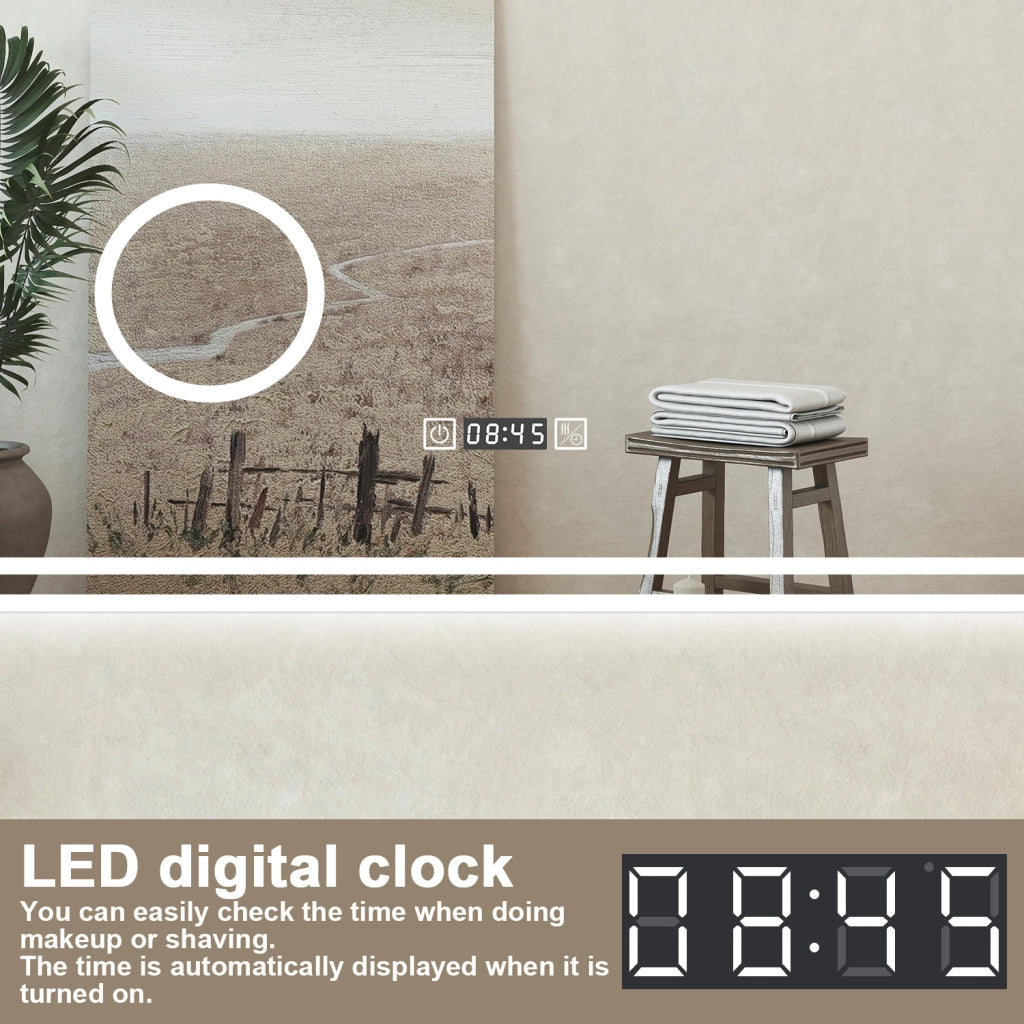 Specchio bagno Rettangolare 100x60cm Led Con 3 Luci + 3X Lente d'ingrandimento + Orologio + Antiappannamento