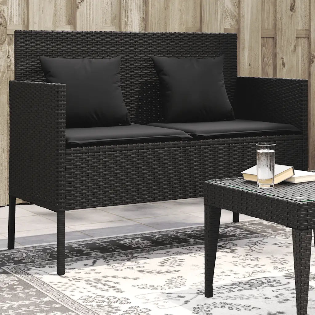 Panca da Giardino con Cuscini-Sgabello-Panca da esterno Nera in Polyrattan 738325