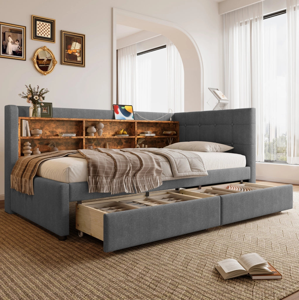 Letto singolo 90x200 cm con 2 cassetti, USB e USB-C, rete a doghe, grigio