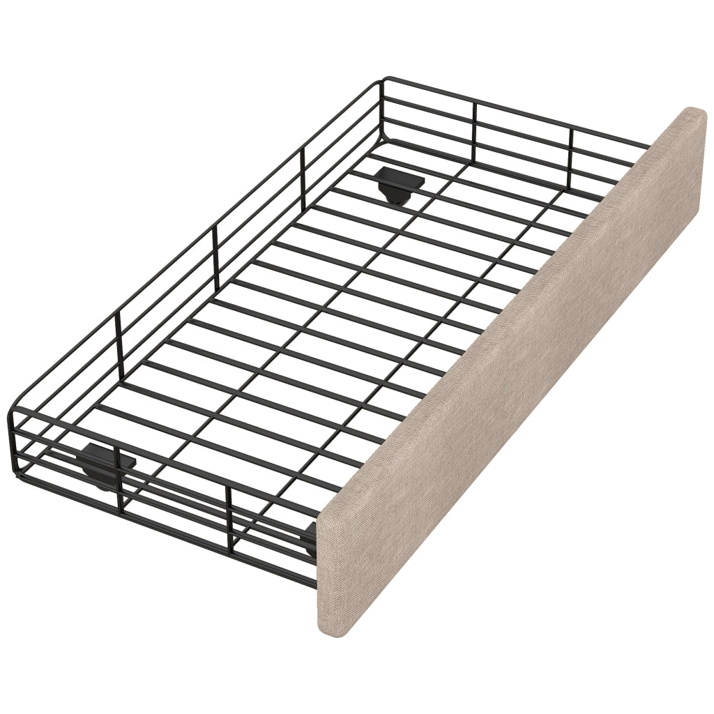 Letto singolo a profilo basso 90x200cm con montanti decorativi e cassetti doppi in beige scuro