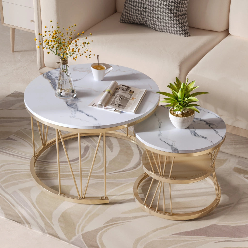 Tavolino da salotto rotondo 70x70x45 cm set 2 pezzi sovrapponibile  tavolino salotto moderno con struttura in metallo-oro