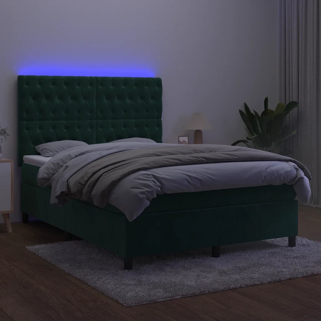 Letto a Molle con Materasso e LED Verde Scuro 140x200cm Velluto 3136308